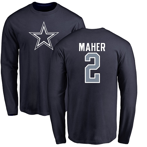 Men Dallas Cowboys Navy Blue Brett Maher Name and Number Logo 2 Long Sleeve Nike NFL T Shirt